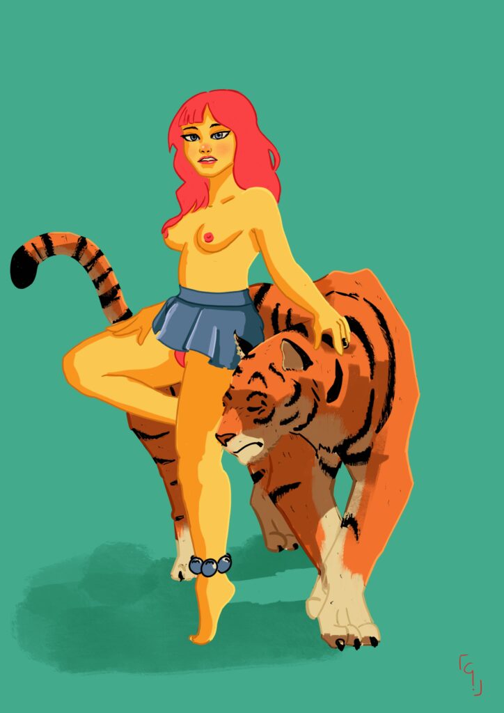Dessin d’une femme adossée à un tigre