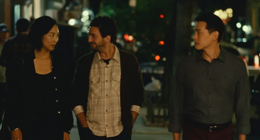 Image du film. On y voit les trois personnage marcher dans la rue.