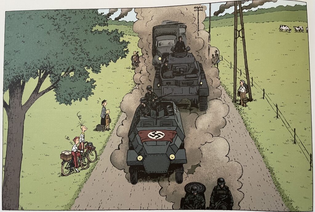 Case de BD

Spirou et Fantasio sont au bord d’une route de campagne sur laquelle passe des engins de l’armée allemande.