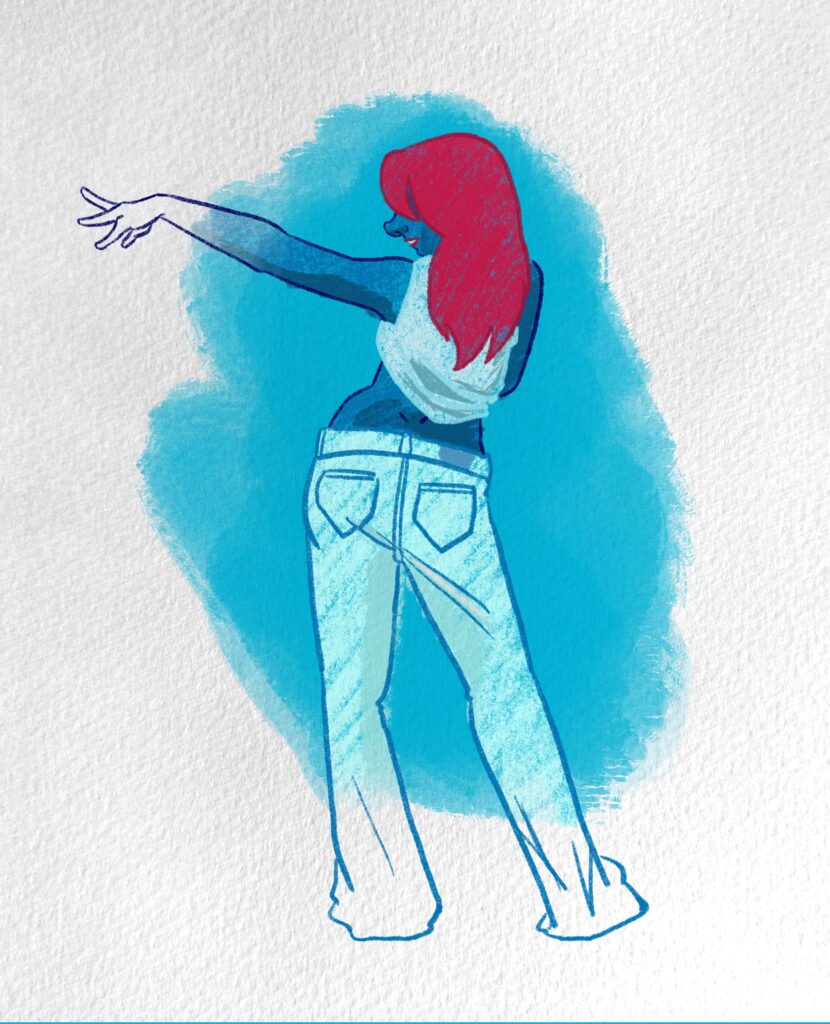 Dessin d’une femme bleu de dos et aux cheveux rouges. Le dessin semble inachevé.