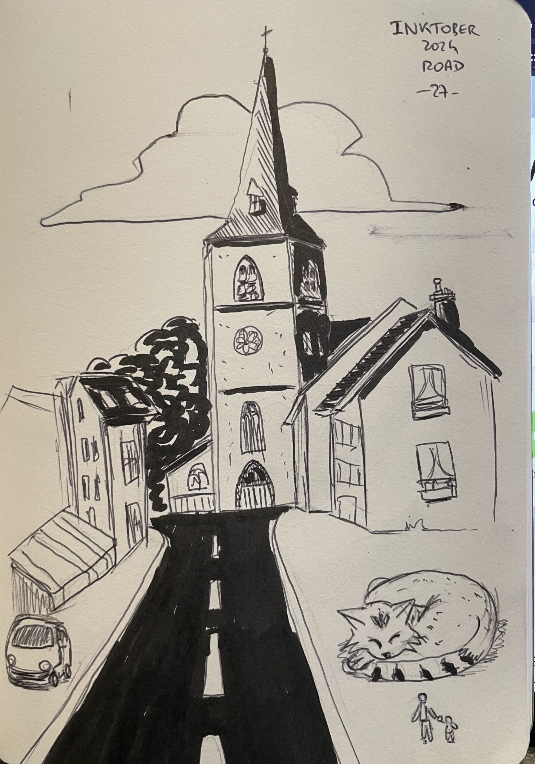 Une route de village avec une église dans le fond et un chat géant endormi au premier plan.

Prompt: Road