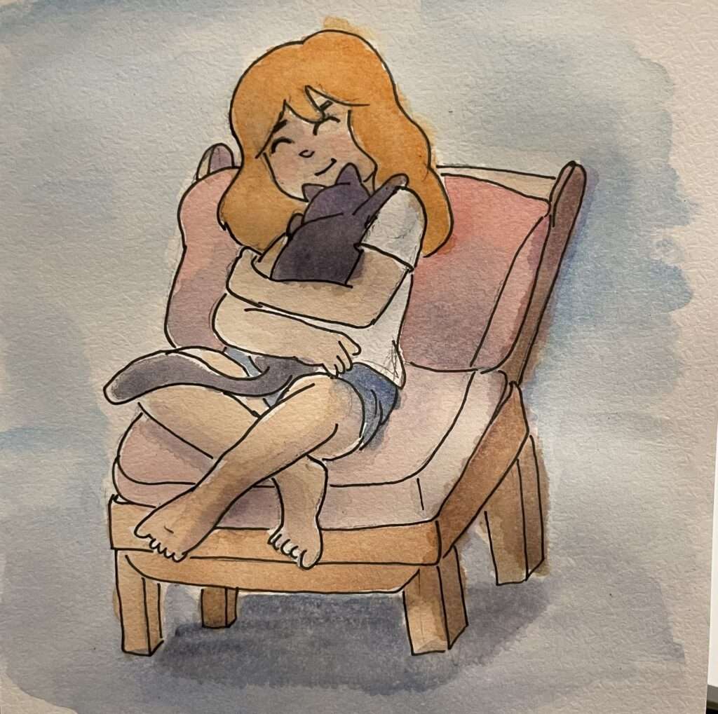 Une aquarelle d’une petite fille tenant unn chat dans ses bras