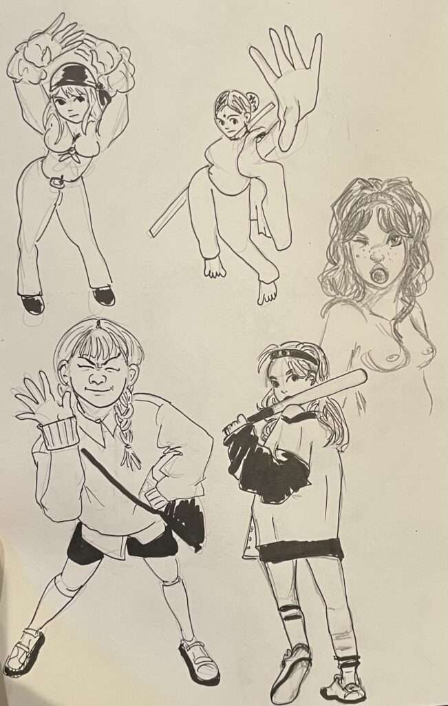 Plusieurs dessins rapides de filles dans différentes poses.
