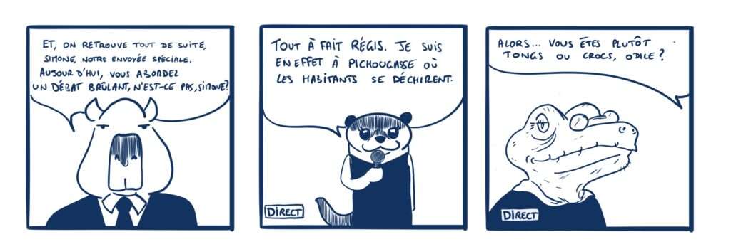 Strip en 3 case : 1: un journaliste capybara dit: Et on retrouve de suite, Simone, notre envoyée spéciale. Aujourd’hui , vous abordez un débat brûlant, n’est-ce pas Simone? 2: une loutre en robe tenant un micro: tout à fait Régis, je suis en effet à Pichougasse où les habitants se déchirent ; 3: une vieille caïman à lunettes souriante. Alors, vous êtes plutôt tongs ou crocs, Odile?