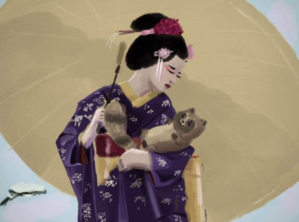 une femme en tenue traditionnelle japonaise tient un tanuki dans ses bras. Elle est protégée de la neige par une ombrelle