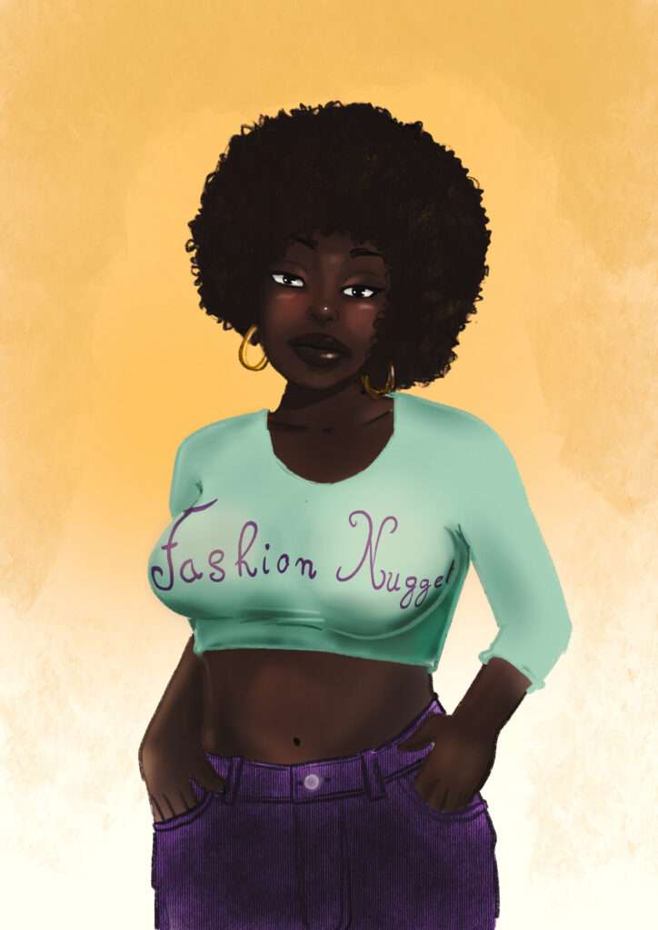 Dessin numérique d’une femme noire avec une Afro et un t-shirt fashion nugget