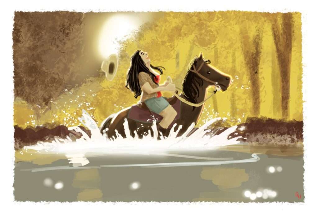Une femme galope dans une rivière lors de la golden hour