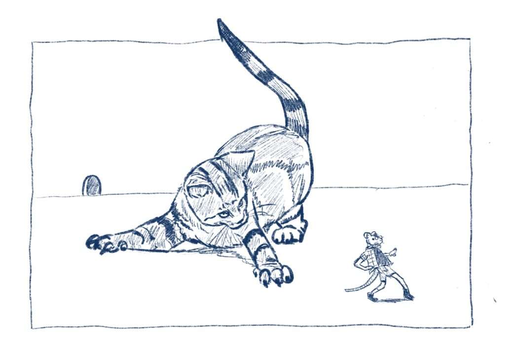 Dessin d’un chat chassant une souris antropomorphe