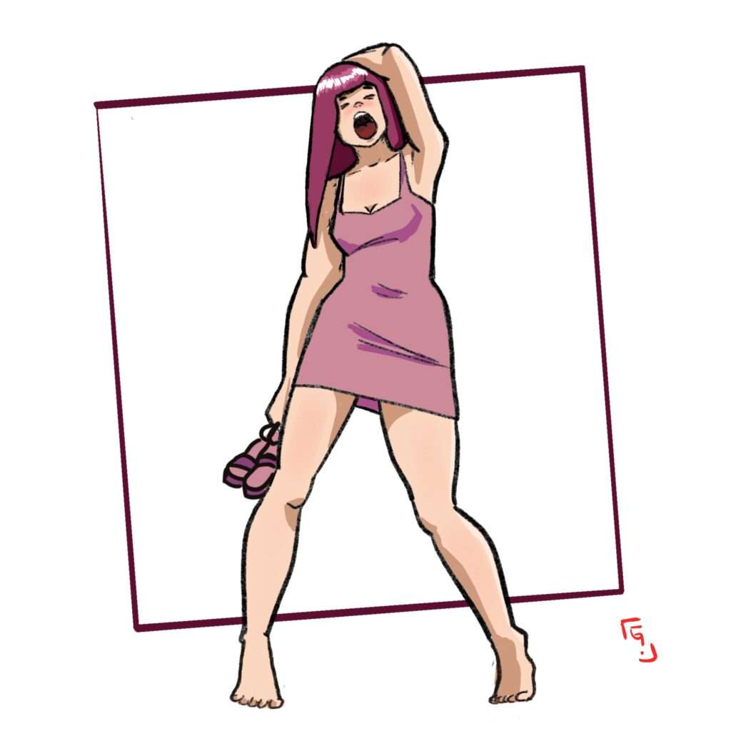 Dessin d’une femme en robe de soirée qui baille très fort en tenant ses chaussures à la main