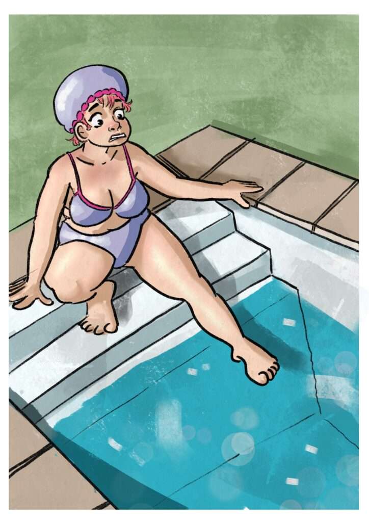 Une dame en maillot de bain a peur de rentrer dans une piscine à cause du froid