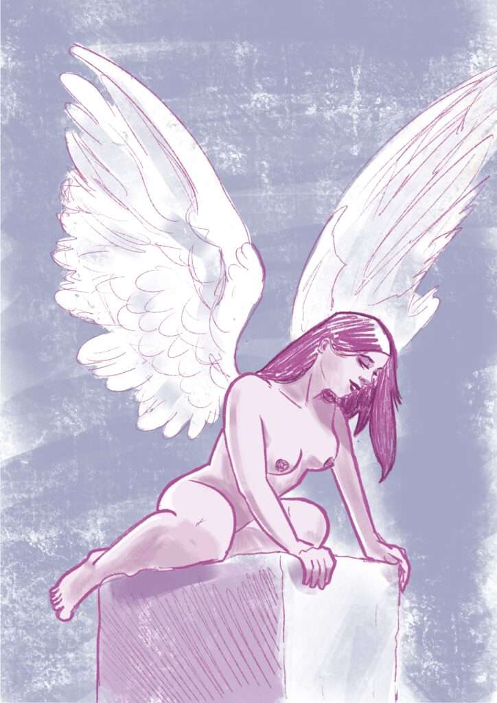 Un ange dénudé d’apparence féminin est à genoux sur le sommet d’une colonne et vous regarde d’un air coquin.