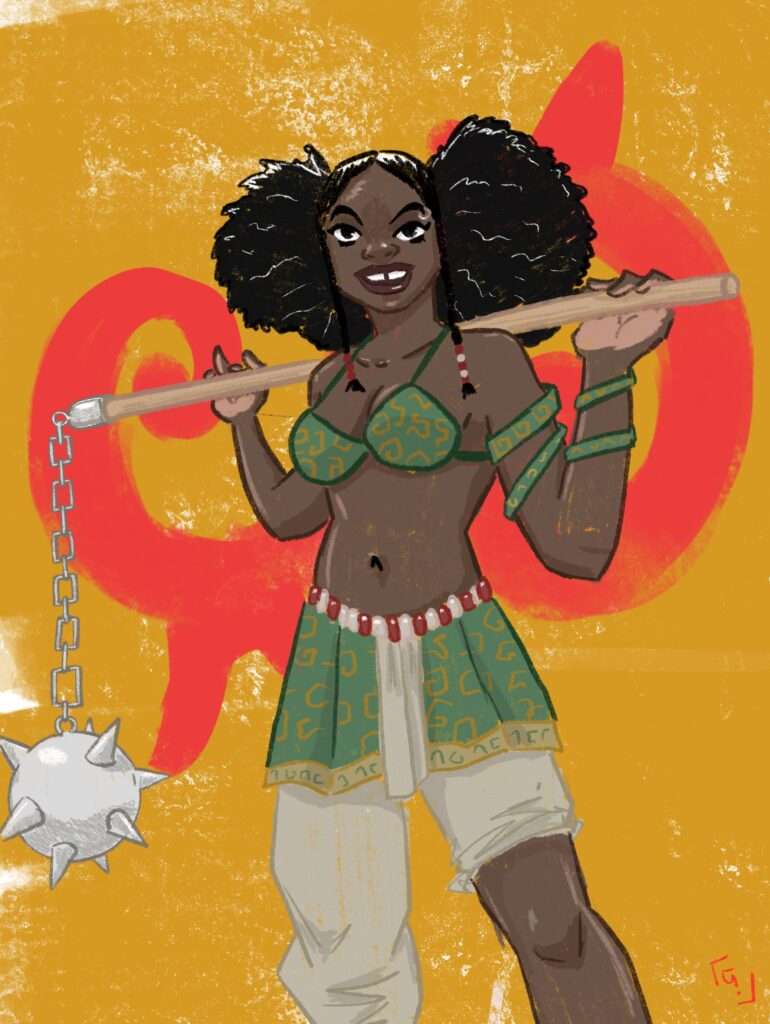 Une femme avec une tenue d’inspiration africaine tient une une grosse masse d’arme sur ses épaules