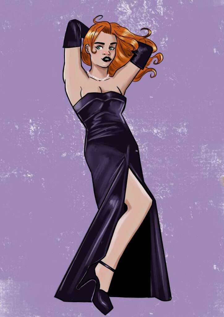 Une pin-up rousse en robe de soirée 
