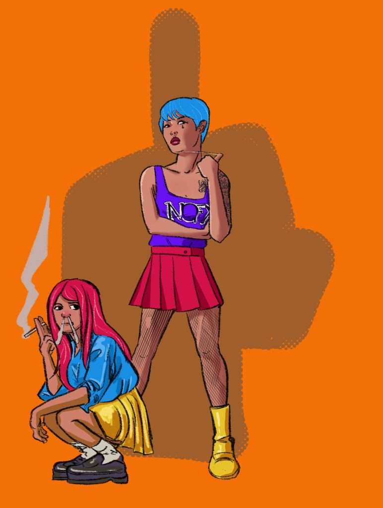 Deux femmes en jupette. Une debout qui fait le signe de menace de mort avec son pouce. 
L’autre fume par le nez en squat asiatique.
Un doigt d’honneur figuratif en fond