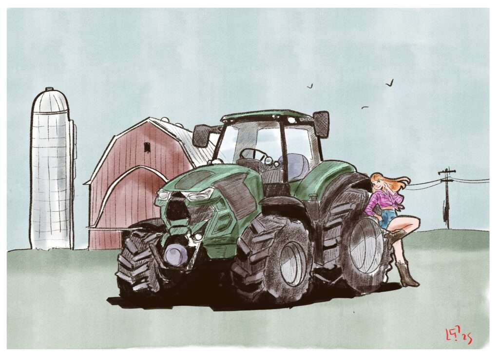 Une jeune femme en mini short est appuyé contre un tracteur dans la campagne américaine.