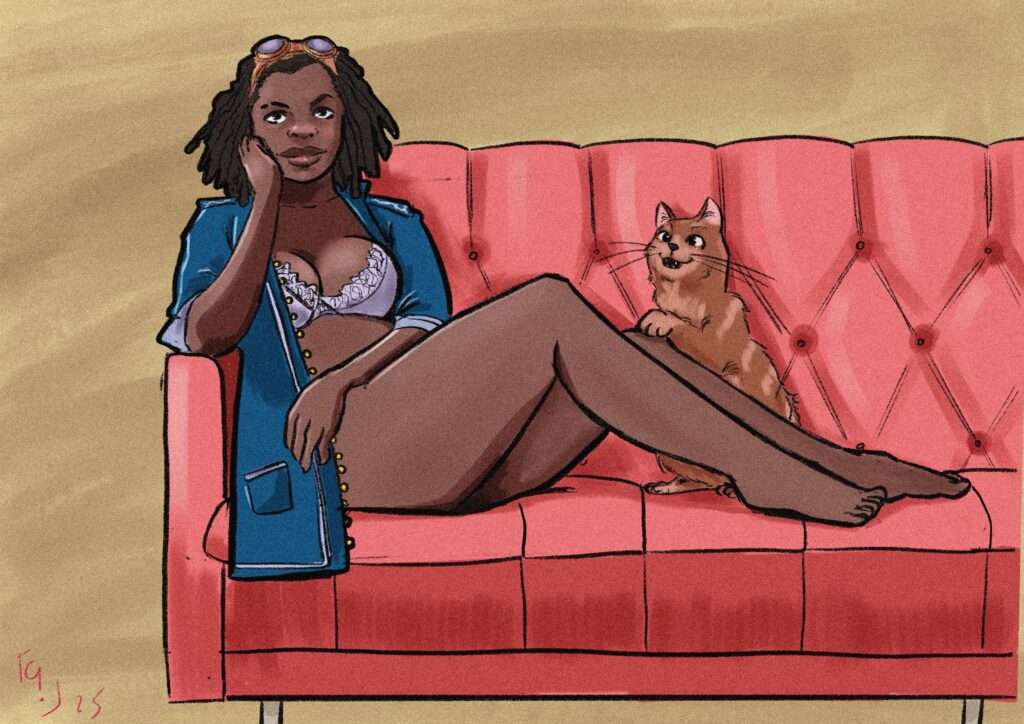 Une femme en veste officier et soutien-gorge est assise dans une pose sexy sur un canapé. Un chat ravi de la crèche est appuyé sur un de ses genoux.