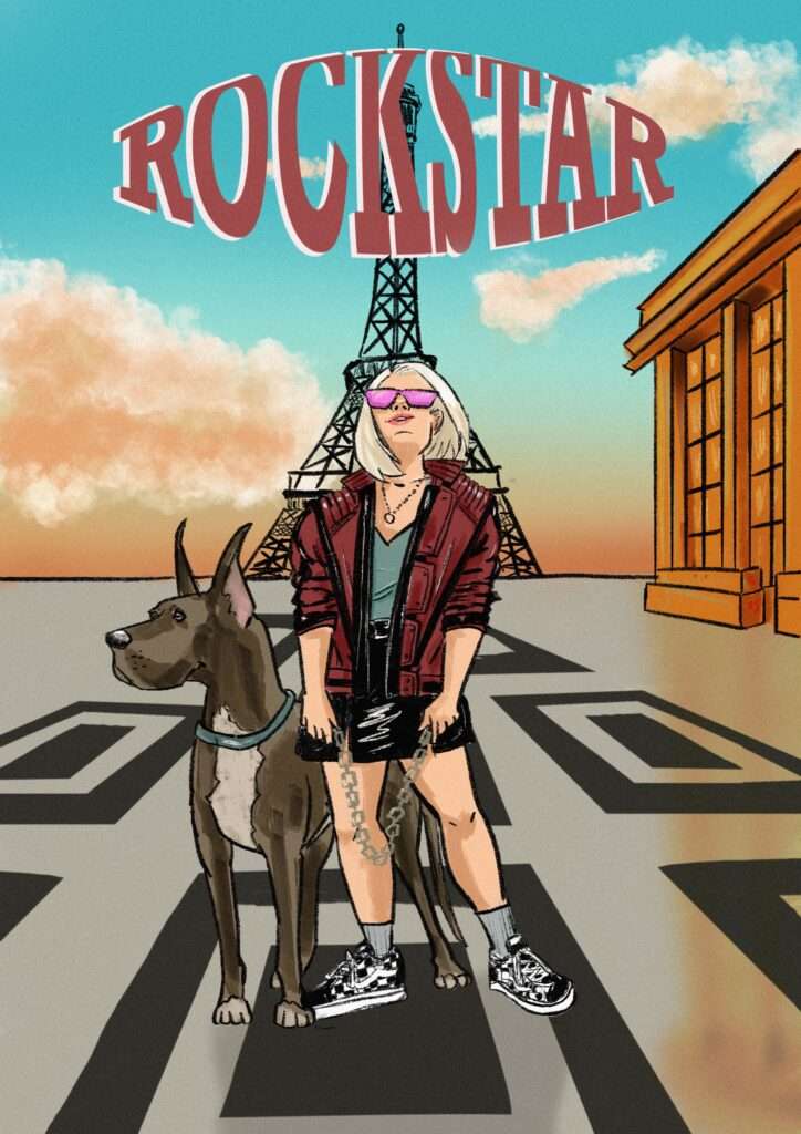 Une jeune femme avec la veste de thriller se tient avec son Danois sur la place du Trocadéro au matin.
Le titre ROCKSTAR au-dessus d’elle