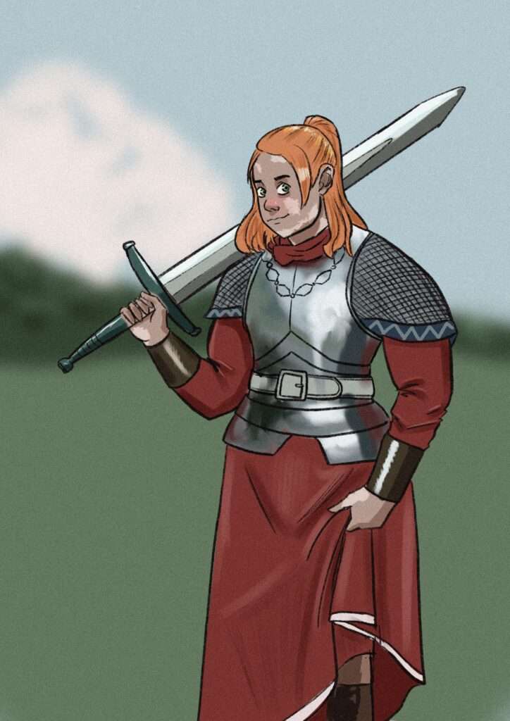 Une femme en armure. Elle a un vitiligo.