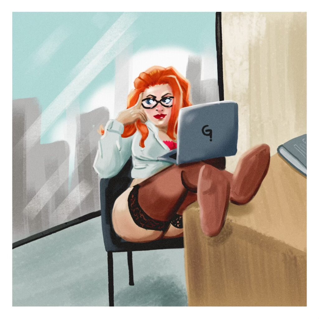 Une jeune femme assise les pieds sur un bureau.