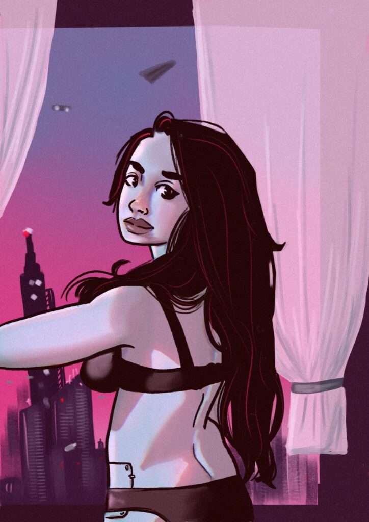 Une jeune femme sous-vêtements se tient devant une fenêtre donnant sur une ville futuriste. On dirait qu’elle a une trappe au niveau de la hanche 
