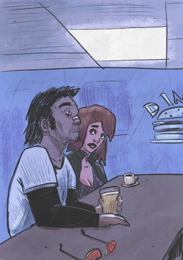 Dessin représentant un Dîner de nuit.
Un homme visiblement fatigué est accoudé au comptoir avec une bière, une femme le regarde d’un air inquiet.