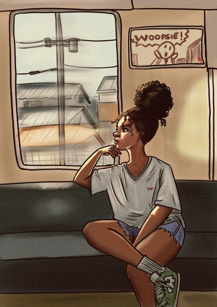 Une jeune femme regarde par la fenêtre du métro.