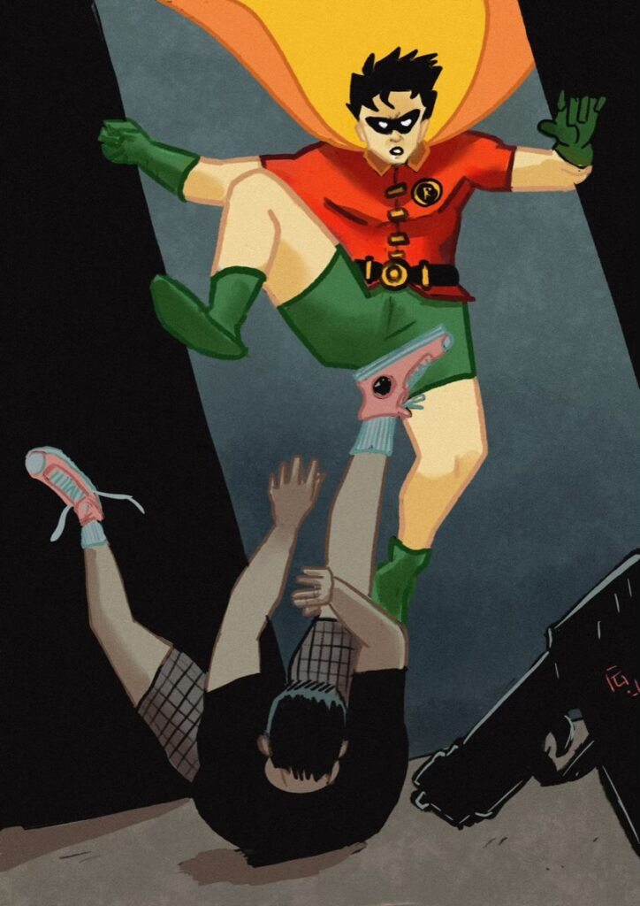Dessin de Robin sautant sur un criminel dans une ruelle la nuit. Le revolver du truand est propulsé au premier plan