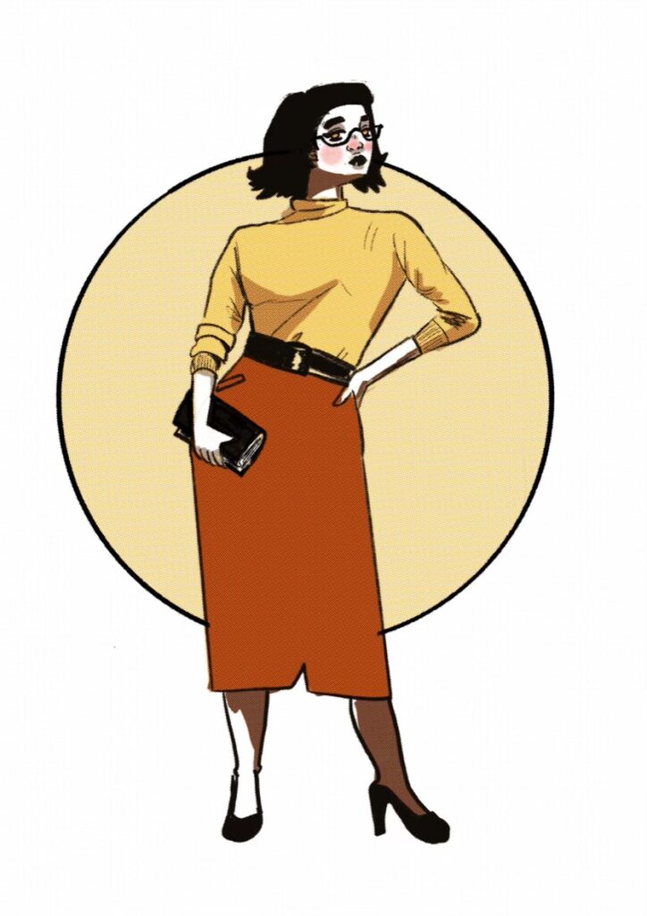 Dessin d’une jeune femme élégante, tenant un livre