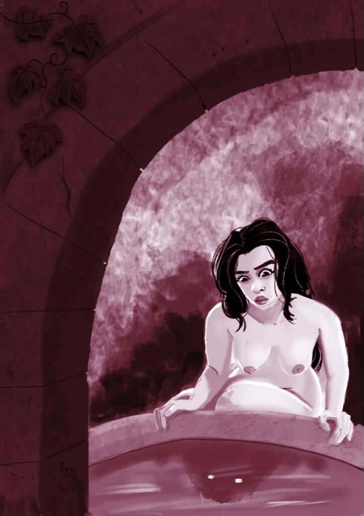 Une jeune femme est agenouillée devant une vieille fontaine et regarde son inquiétant reflet 