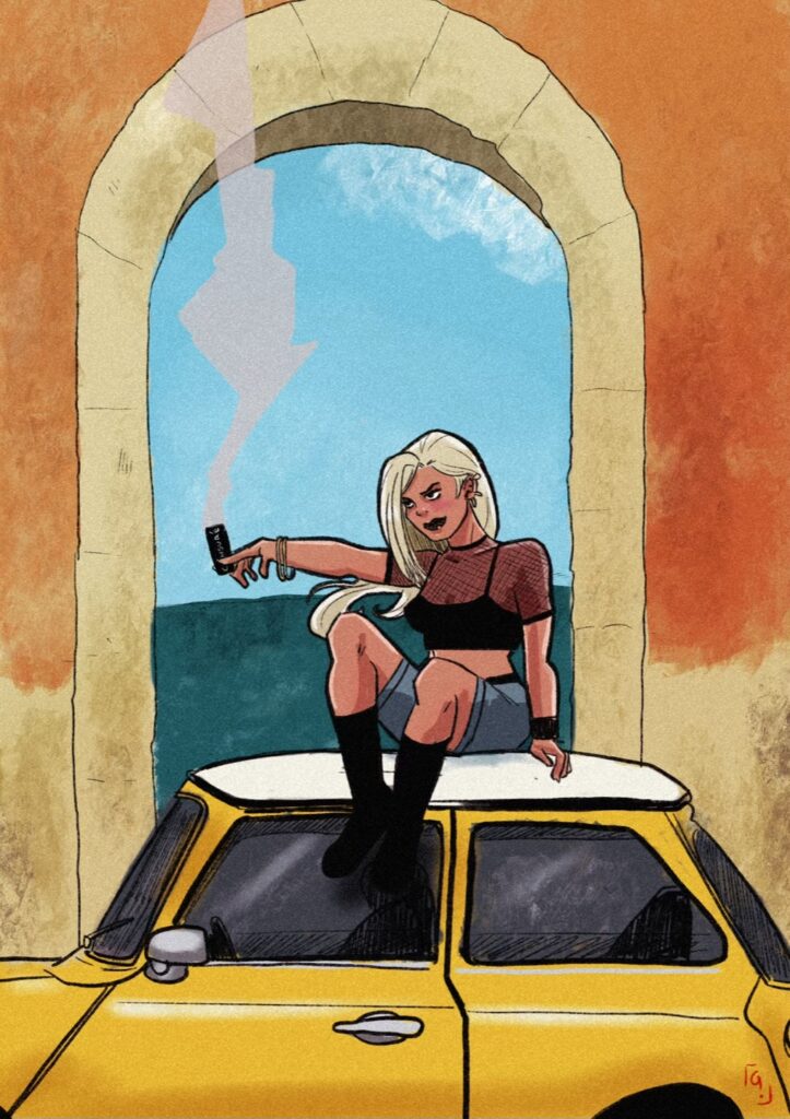 Une femme assise sur le toit d’une mini, une cigarette à,la main.
La cigarette est cachée par un cadre noir sur lequel est écrit « censuré ». 
La femme a un look rock et pose devant une porte ouverte qui donne sur la mer