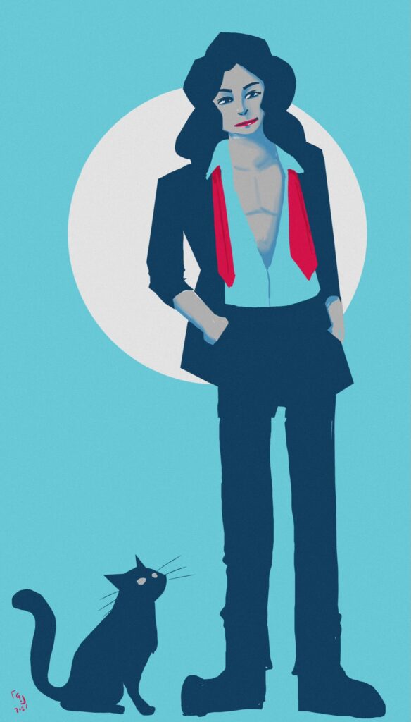 Un personnage androgyne de plein pied observé par un chat