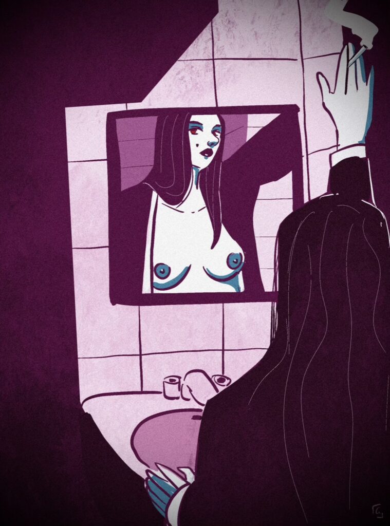 Dessin d’une femme en robe de chambre ouverte se regardant dans le miroir d’une salle de bain,
